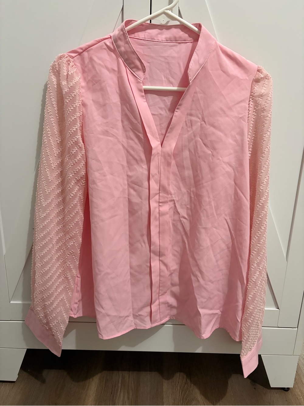 SHEIN Light Pink Long Sleeve Blouse with Sheer Patterned Sleeves
